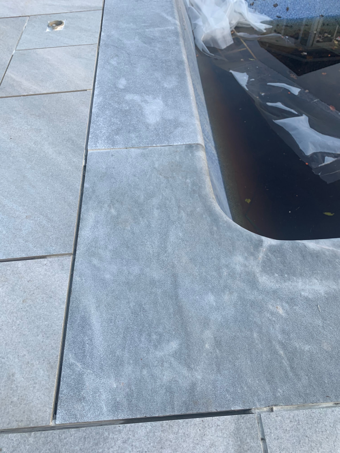 Bluestone coping detail along a pool edge