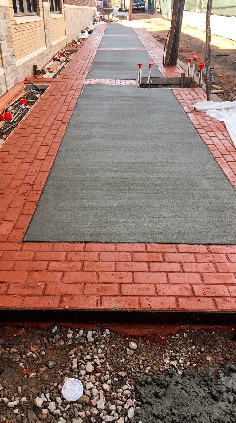 Broom finish sidewalk with red brick stamped border